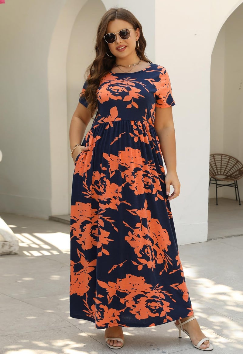 Nemidor Plus Size Maxi Dresses for Curvy Women Summer Casual Loose Short Sleeve Long Beach Dress with Pocket(149,24,Orange Print) - Image 3